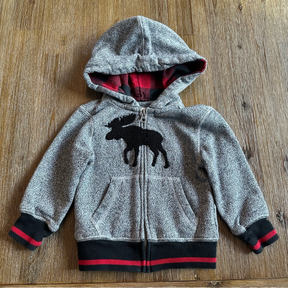 Hatley Heritage Grey Zip Up Hoodie with Black Moose Design size 2